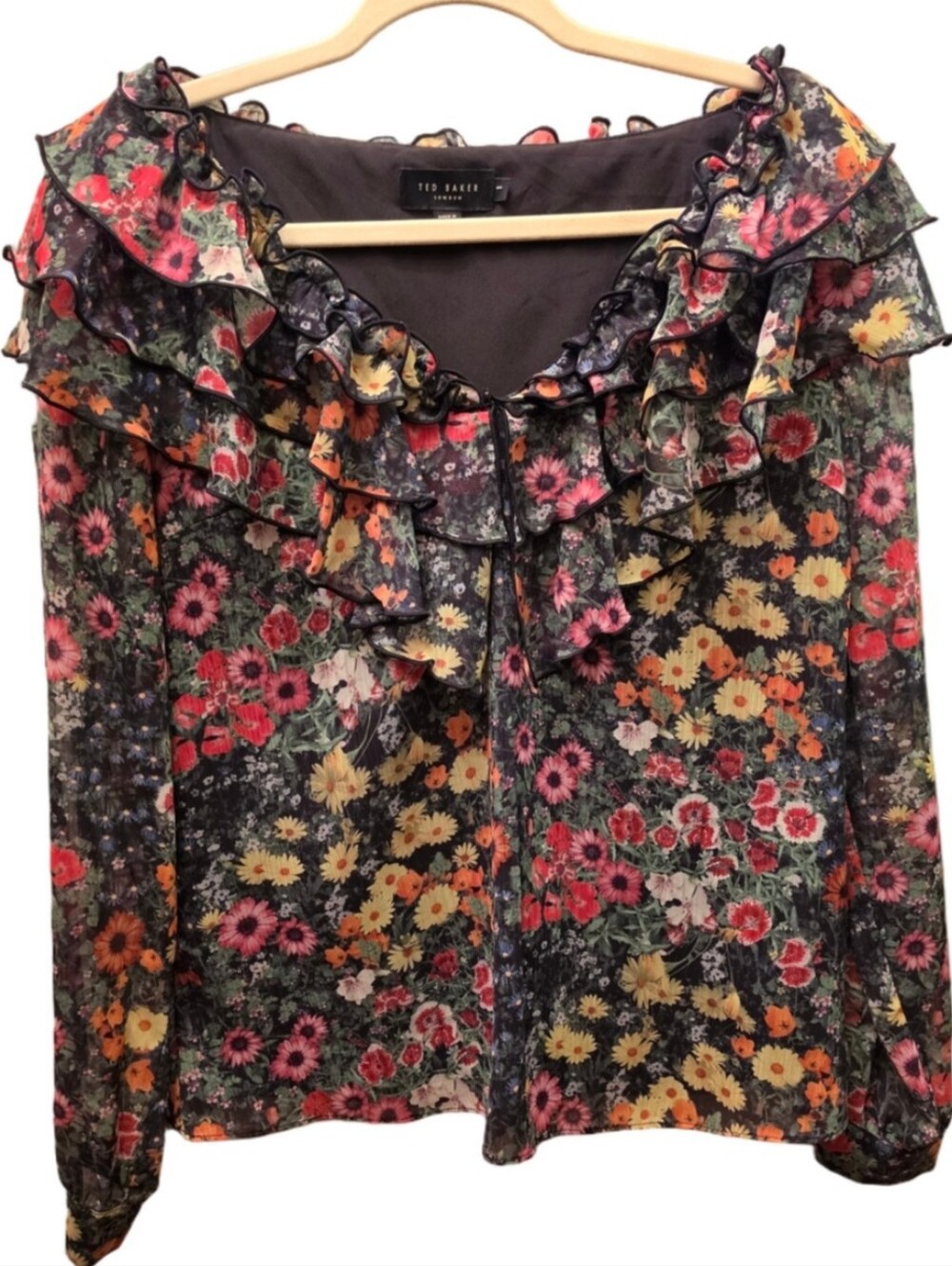 Ted Baker London Multicolor Floral Ruffle Blouse Sheer Long Sleeve Size 1